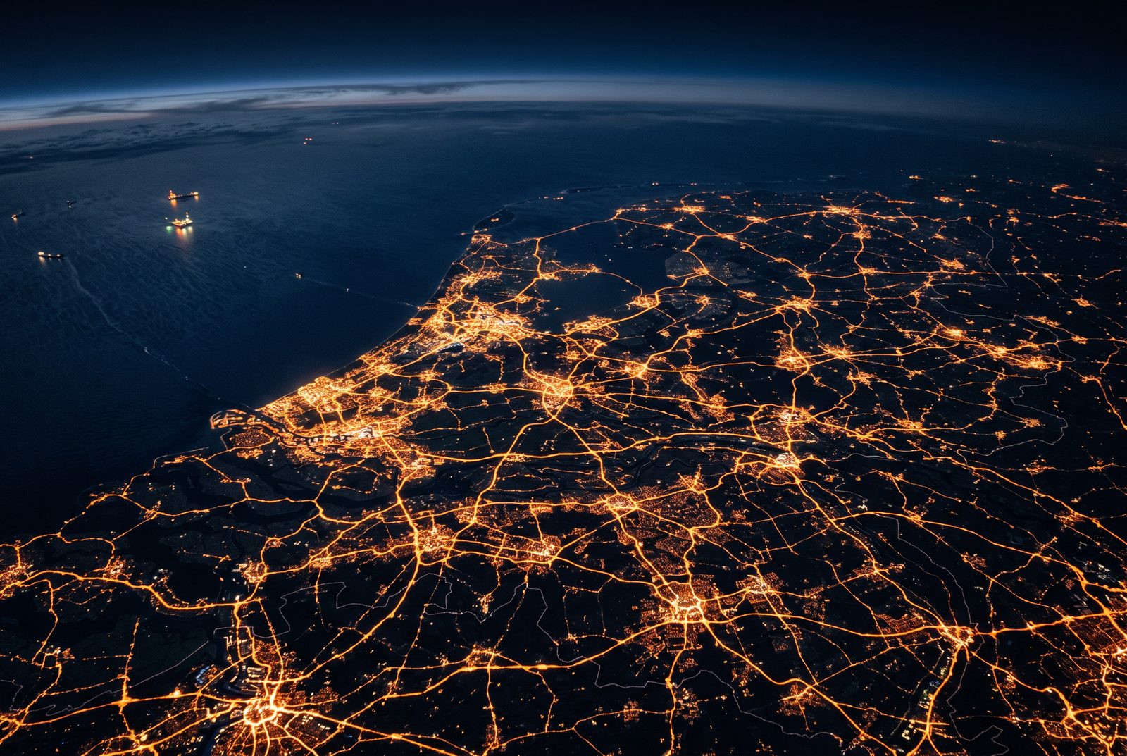 Nederland bij nacht: duizenden bedrijven als verbonden netwerk van lichten